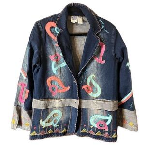 DG2 by Diane Gilman Denim Jacket Embroidered Distressed Western Boho Size M